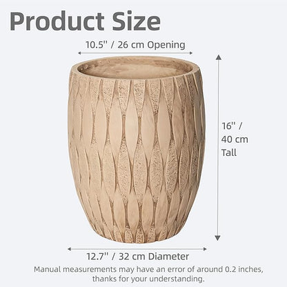 16" H x 14" Dia Weathered Concrete Planter, Large Indoor Outdoor Decorative Flower Pot with Drainage Hole, Modern Round Design for Home, Garden, Patio, Porch, or Courtyard, Vintage Yellow Stone Finish