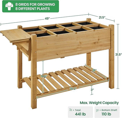 Yaheetech 49x22x32in 8 Pockets Horticulture Raised Garden Bed Elevated Wood Planter Box Stand with Foldable Side Table and Storage Shelf for Herb/Vegetables/Flowers, Light Brown