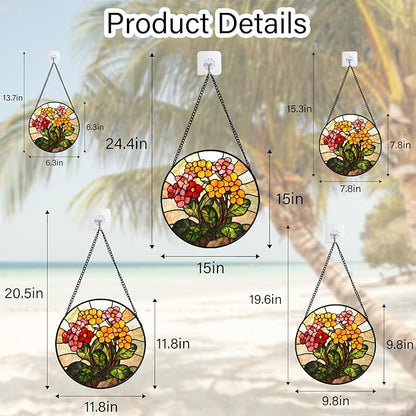 Stained Glass Window Hanging, Yellow Red Flowers Sun Catcher for Window Door Home Decor Green Plant Suncatcher Christmas Mother's Day Birthday Gifts for Women Men Mom and Nana 7.8 in