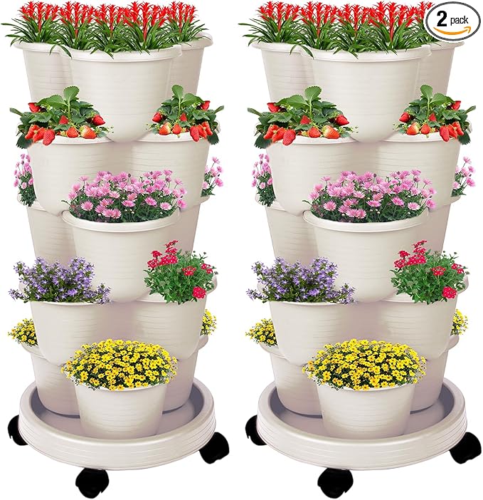 5-Tier Vertical Garden Tower Stackable Planter for Strawberries, Flowers, Vegetables & Herbs 2-Pack Beige