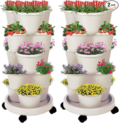 5-Tier Vertical Garden Tower Stackable Planter for Strawberries, Flowers, Vegetables & Herbs 2-Pack Beige