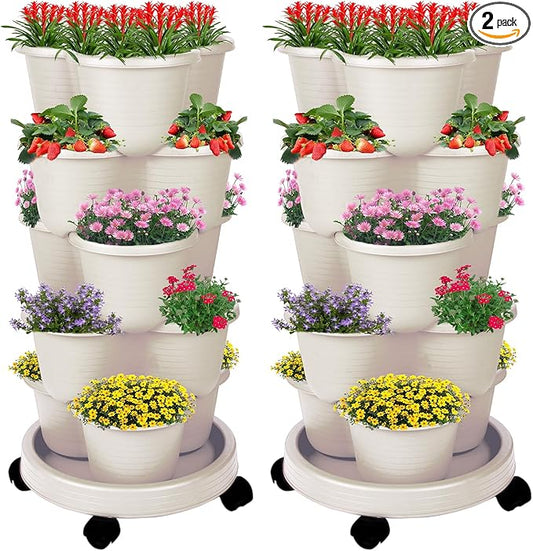 5-Tier Vertical Garden Tower Stackable Planter for Strawberries, Flowers, Vegetables & Herbs 2-Pack Beige