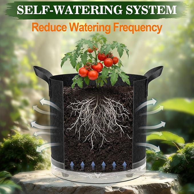3 Pack 5 Gallon Self-Watering Grow Bags, Thick Nonwoven Fabric Pots with Support Rings and Reinforced Handles, Self-Watering Planters with Bottom Reservoir for Tomatoes Peppers Potatoes and Vegetables