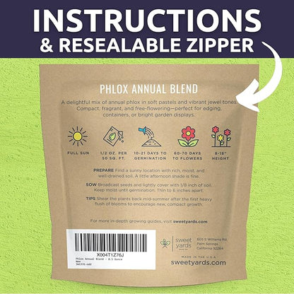 Phlox Annual Blend – Large 1/2 Ounce Seed Packet – 7,000 Flower Seeds for Planting – Phlox drummondii