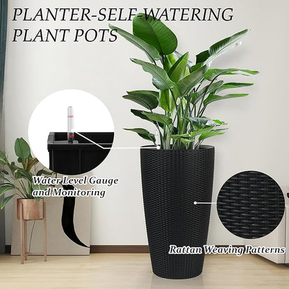 22" Tall Planter Set of 2, Large Self Watering Pots for Indoor/Outdoor Plants with Drain Holes, Water Level Monitor, Inner Bucket for Front Porch Patio, Black Rattan Conical