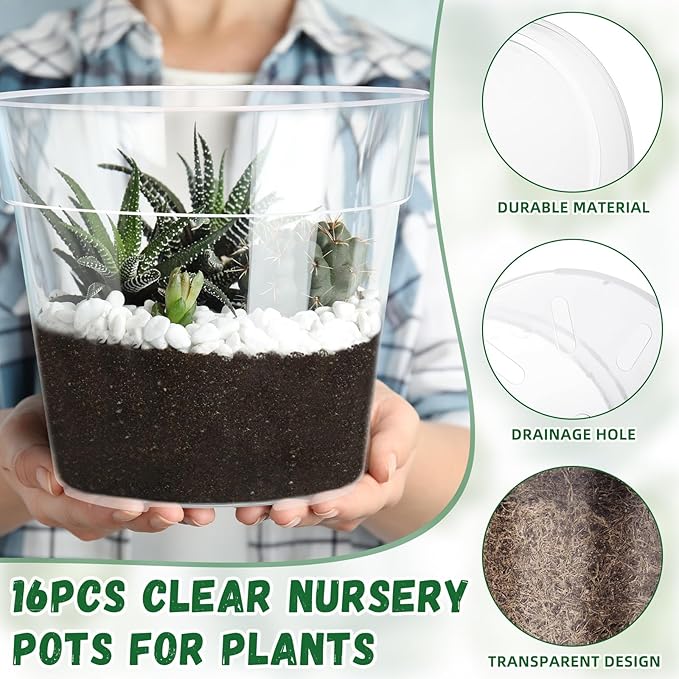 Maxcheck 16 Pcs Thick Clear Nursery Pots for Plants Transparent Plastic Garden Pots with Holes for Seedling Variety Plants Growing in Garden Home (8+9 Inch)