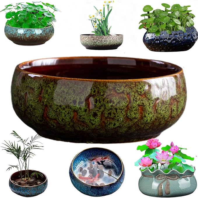 Lotus Bowl Planter, Decorative Ceramic Plant Pots with Moisture-Multifunctional Design, Succulents Orchids Indoor Plants, Thickened Round Planter for Home Desk & Shelf Decor (Green)