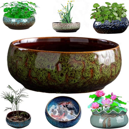 Lotus Bowl Planter, Decorative Ceramic Plant Pots with Moisture-Multifunctional Design, Succulents Orchids Indoor Plants, Thickened Round Planter for Home Desk & Shelf Decor (Green)