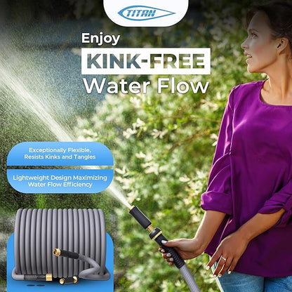TITAN Garden Hose | Flexible, Lightweight, Kink-Free & Durable Hybrid Water Hose with Heavy Duty Brass Connectors & High-Pressure Jet Nozzle (50FT x 1/2”)