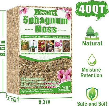 ZeeDix 2.2 lb Premium Sphagnum Moss Bulk, Natural Long Fiber Orchid Sphagnum Peat Moss for Carnivorous Plants Succulent Monstera Indoor Outdoor Plants & Reptiles Terrariums Habitats(Expands to 40 qt)
