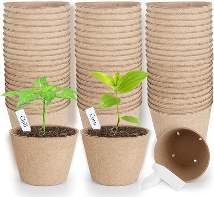 65 Pcs Organic Peat Pots, 4 Inch Nursery Pot Set, Round Plant Seedling Pots with Drainage Holes, Small Seed Starting Starter Tray Bulk, Garden Germination Container with 65 Plant Labels