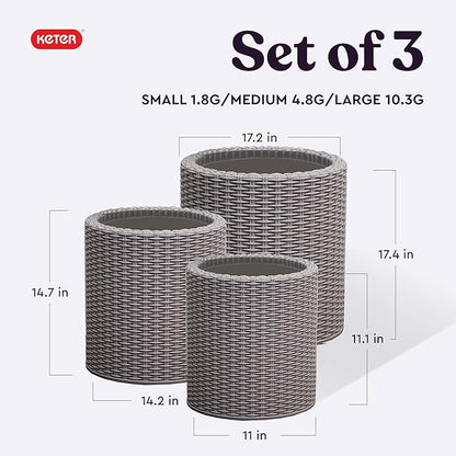 Keter Cylinder Set of 3 Rattan Resin Planter for Indoor and Outdoor Plants Ideal Decorative Planter for Porches and Patio Decor, Taupe