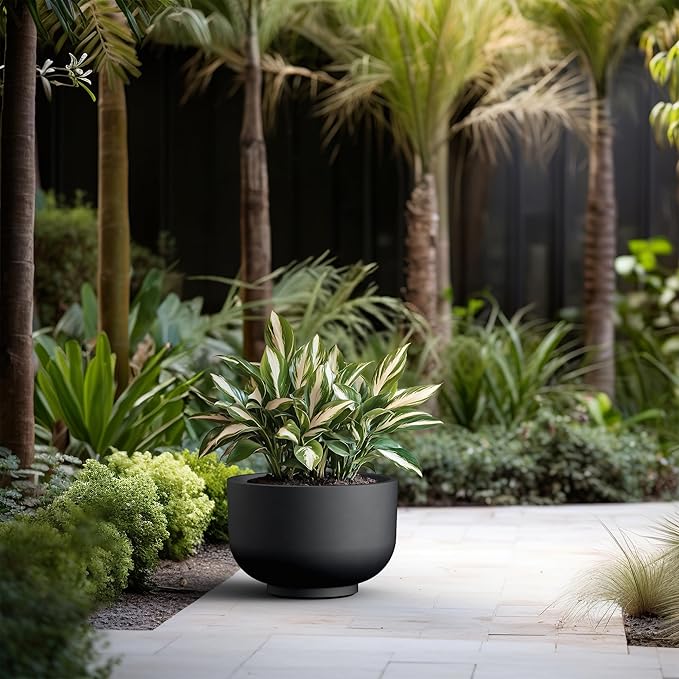 Kante 17.7 Inch Dia Concrete Bowl Planter, Large Tapered Bottom Plant Pot with Drainage, Smooth Black Finish with Painted Interior, Ideal for Porch, Home, Garden, Patio