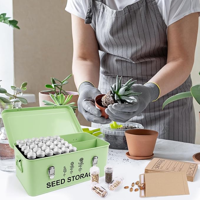 60 Slots Seed Storage Organizer, Metal Seed Saving Box with Lid and Safety Locks, Seed Bin Seed Storage Container with 20 Seed Envelopes and 20 Labels, 3 Compartments, Perfect for Flower Plants Garden