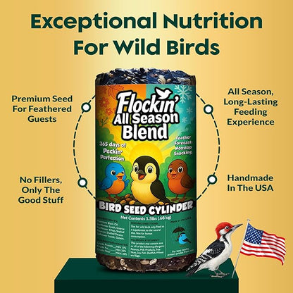 All Year Round Bird Seed Cylinders with Hole – All Season Wild Bird Food for Blue Jays, Cardinals, Doves, Finches & More – Balanced High Energy All Natural Blend, No Fillers – USA Made (6" x 7.75")