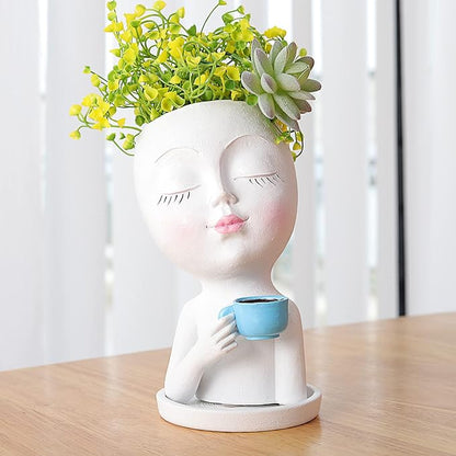 Face Planter Pot - Lady Face Flower Pot for Indoor & Outdoor Plants - Resin Succulent Planter with Drainage Hole, White