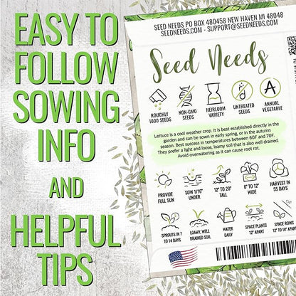Seed Needs Romaine Lettuce Seeds for Planting Parris Island COS - Non-GMO Heirloom & Untreated Annual Cool Weather Crops - Grow a Home Grown Outdoor Vegetable Garden (2 Packs)
