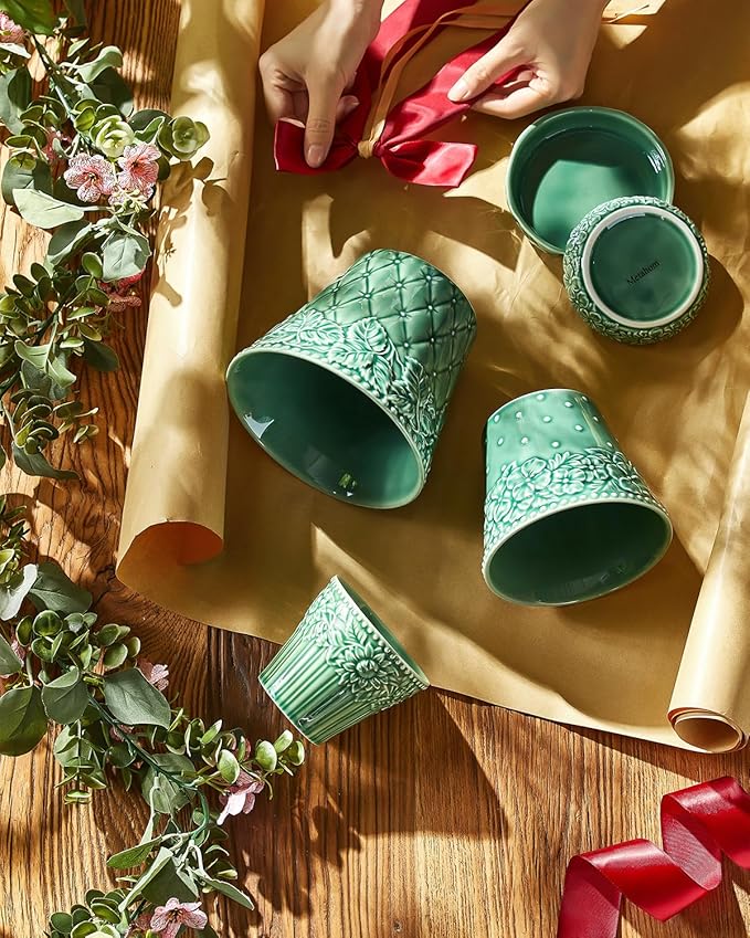 Ceramic Plant Pots, 5.8 Inch Flower Pots for Indoor Plants, Planters with Drainage Hole & Saucer, Green Planters for Succulent, Orchid, Cactus, Home Decor, Set of 4, Green