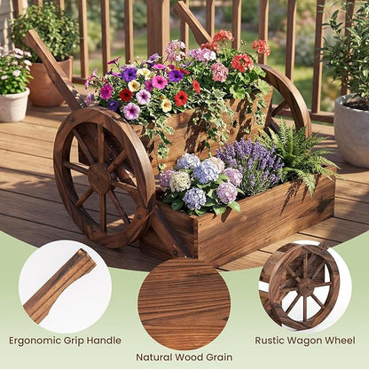 Giantex Wooden Wagon Planter Box, Rustic Garden Planter with Wheels, Handles & Drainage Holes for Flowers Herbs Vegetables, Indoor Outdoor Decorative Flower Cart for Patio Balcony (2)