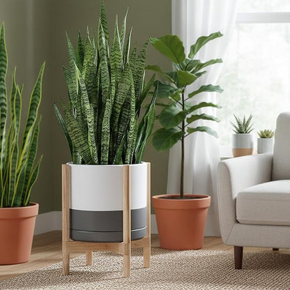 D'vine Dev Ceramic Planter with Natural Stand - 14 Inch Modern Round Flower Pot with Wood Planter Holder, White/Grey, 55-B-R-6