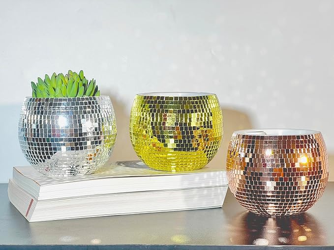 Disco Ball Planter,Disco Ball Vase,Plant Pot,Flower Pot,Mirror Plant Holder,Plastics Self Watering Disco Decor Planter for Small Plant, Party,Table,Office,Kitchen (Rose Gold, 4X5IN)