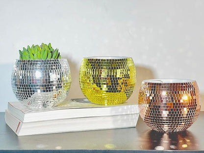 Disco Ball Planter,Disco Ball Vase,Plant Pot,Flower Pot,Mirror Plant Holder,Plastics Self Watering Disco Decor Planter for Small Plant, Party,Table,Office,Kitchen (Rose Gold, 4X5IN)