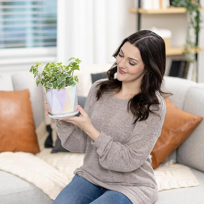 Coco Andrea Ceramic Plant Pots for Indoor Plants with Drainage & Saucers - 5-inch Iridescent White Planters for Houseplants, Succulents & Flowers - Housewarming Gift Set (1-pc, Small)