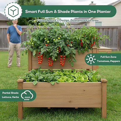 PetsCosset Raised Garden Bed, Outdoor Wood Elevated Planter Box, FirWood Garden Beds with Storage Shelf, Protective Liner, Table Ledge,for Vegetable, Herb, and Flower Cultivation (2 Storey)