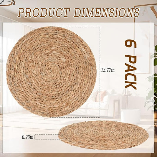 6 Pack 14 Inch Large Woven Plant Coasters for Floor, Natural Seagrass Plant Mats for Indoor House Plants, Thick Round Flower Pot Pads for Carpet & Hardwood Protection, Boho Farmhouse Decor