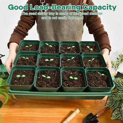 June Fox 60 Pcs Square Nursery Pots for Plants, 5 Pcs Seed Starter Tray Kit, Small Seedling Pots 4 Inch with 60 Plant Tags, Seedling Trays (Green)