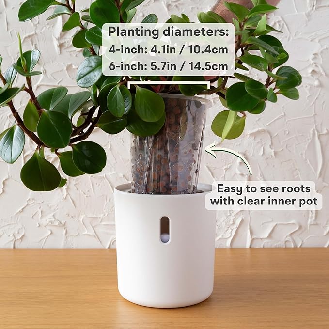 Self Watering Pot for Leca and Pon, Semi Hydroponic Planter for Indoor Plants, Clear Inner Pot & Water Level Indicator (Cream (4-Pack), 4 inch)