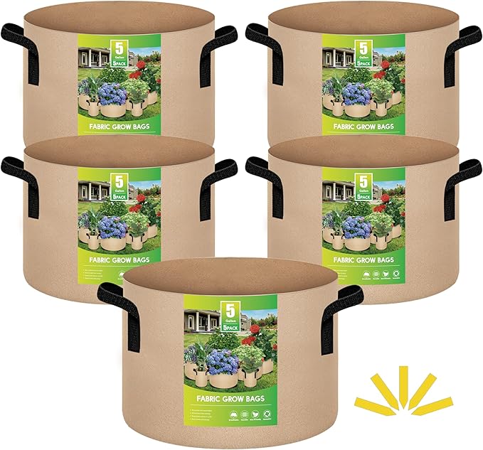 iPower 5 Pack 5 Gallon Tan Grow Bags, Garden Planting Nonwoven Fabric Pots with Reinforced Handle, Heavy Duty and Aeration Planter Pot for Tomato, Fruits, Vegetables and Flowers