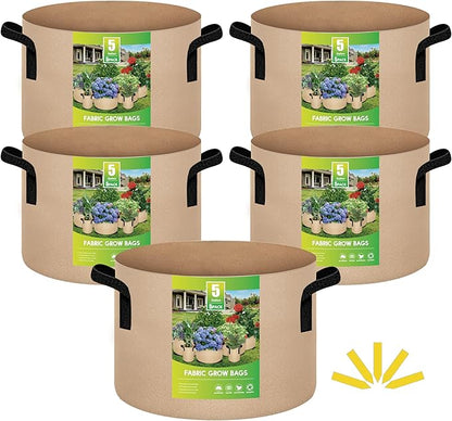 iPower 5 Pack 5 Gallon Tan Grow Bags, Garden Planting Nonwoven Fabric Pots with Reinforced Handle, Heavy Duty and Aeration Planter Pot for Tomato, Fruits, Vegetables and Flowers