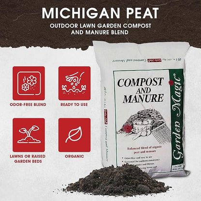 Michigan Peat Compost and Manure Blend, Garden Magic Mix with Odor-Free Blend, 40 Lbs - Outdoor Lawn and Gardening Mixture with Nutrients and Minerals for Soil Potting and Planting