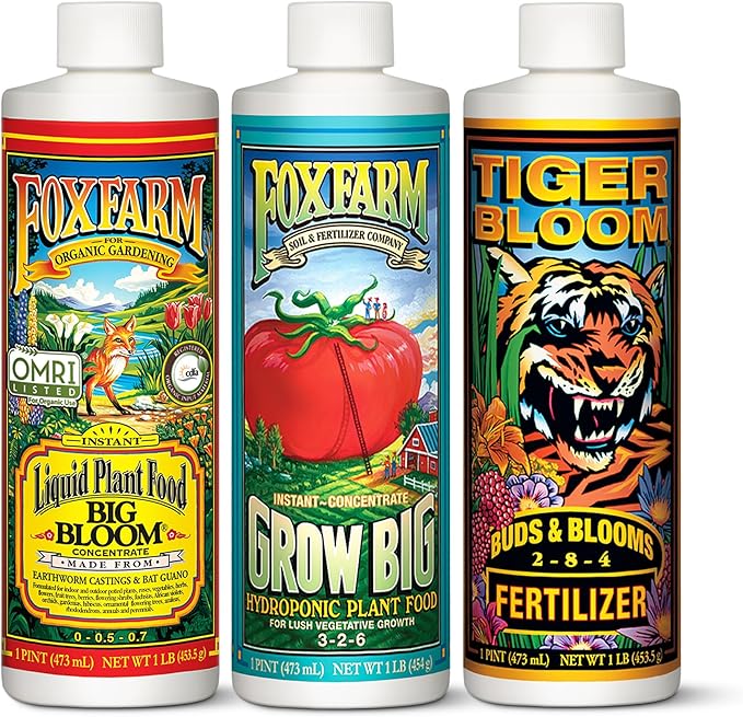 FoxFarm Hydro Liquid Trio Pack - Big Bloom, Grow Big, Tiger Bloom Fertilizers for Vigorous Plant Growth, Bud Development & Abundant Fruit - Complete Hydroponic Plant Food Set - 3 Pint Bottles