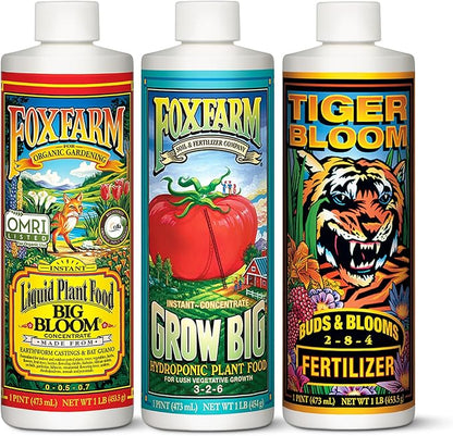 FoxFarm Hydro Liquid Trio Pack - Big Bloom, Grow Big, Tiger Bloom Fertilizers for Vigorous Plant Growth, Bud Development & Abundant Fruit - Complete Hydroponic Plant Food Set - 3 Pint Bottles