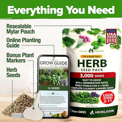 HOME GROWN 10 Herb Seeds for Planting 3,000+ Non-GMO Heirloom Seeds | Extra Large Variety Pack Herb Kit – Indoor Outdoor & Hydroponic | Culinary Seed Set | Grow Your Own Herbs | Gift for Beginners