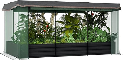 Outsunny 7.3 x 3.4 x 1 ft Galvanized Raised Garden Bed with Crop Cage Plant Protection Net and Shade Cloth Roof, Metal Planter Box with Cover for Vegetables, Flowers, Herbs, Dark Gray
