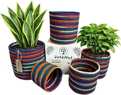 Planter Basket Set – 5-Piece Handwoven Jute Planter Basket for Home Decor, Nursery, or Indoor Plants (5'' to 8'' Diameter, 4.75'' to 7.75'' Height) – Fold & Wrinkle Free - Rainbow Stripe