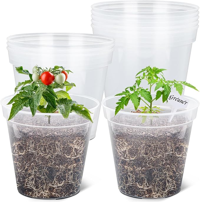 GREANER 9 Inch 10 Packs Clear Nursery Pots, Plastic Nursery Pot for Plants, Durable Seed Starting Pot with Drainage Holes, Flexible Transparent Pot for Outdoor Indoor Plants（20 Plant Labels）