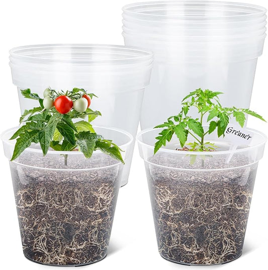 GREANER 9 Inch 10 Packs Clear Nursery Pots, Plastic Nursery Pot for Plants, Durable Seed Starting Pot with Drainage Holes, Flexible Transparent Pot for Outdoor Indoor Plants（20 Plant Labels）
