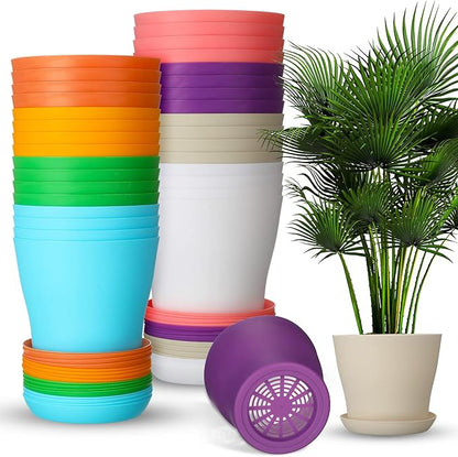Yinder 32 Pcs 6 Inch Nursery Pots Flower Pots Colorful Plastic Plant Pot Seed Starting with Saucers and Drainage Holes Plant Container for Herbs Houseplants Seeding Nursery Flowers
