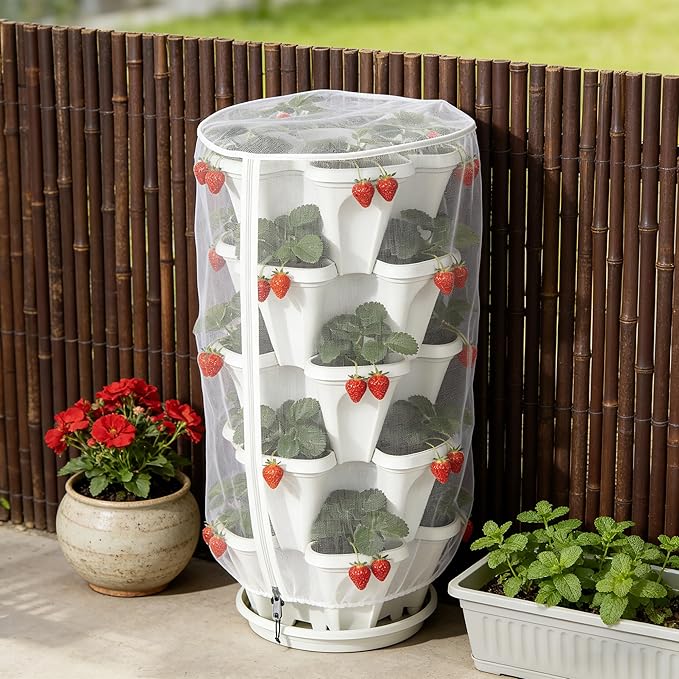 2 Pcs Vertical Plant Pot Insect Netting with Zipper, 39" x 20" Stackable Planter Garden Net Cover, 5 Tier Planter Pot Insect Bird Barrier Protection Mesh for Strawberry Herb Flower Fruit Vegetable