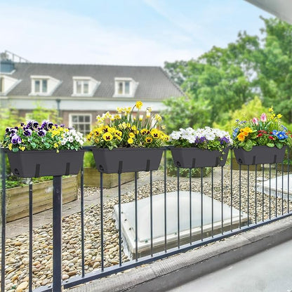 CADUKE 4 Pack Railing Planter Box Grey Window Flower Boxes with Brackets Hanging Fence Planters Plastic Outdoor Deck Railing Planter Boxes for Balcony Patio Garden