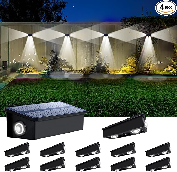 12 Pack 3-Side Solar Fence Lights Outdoor Waterproof with Cool White LED Spot Lens, for Wall, Deck, Patio, Yard, Rail, Garage, Pool, Designed for Enhanced Security, Easy Install
