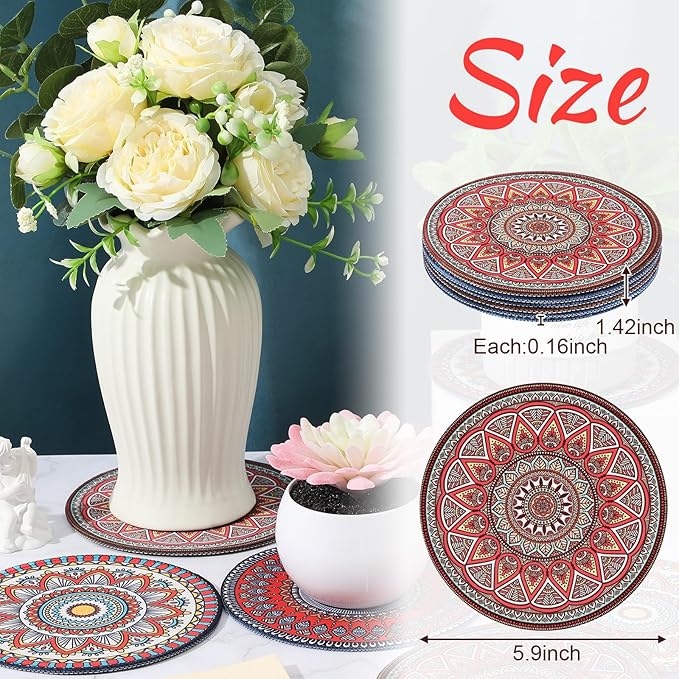 Nuanchu 6 Pcs Boho Plant Pot Mat Absorbent Non Slip Pot Plant Pad Round Plant Coaster Mat Gardening Indoor Outdoor Flower Plant Protect Mat for Table Desk Floor Plant, 5.9 Inches (Elegant Style)