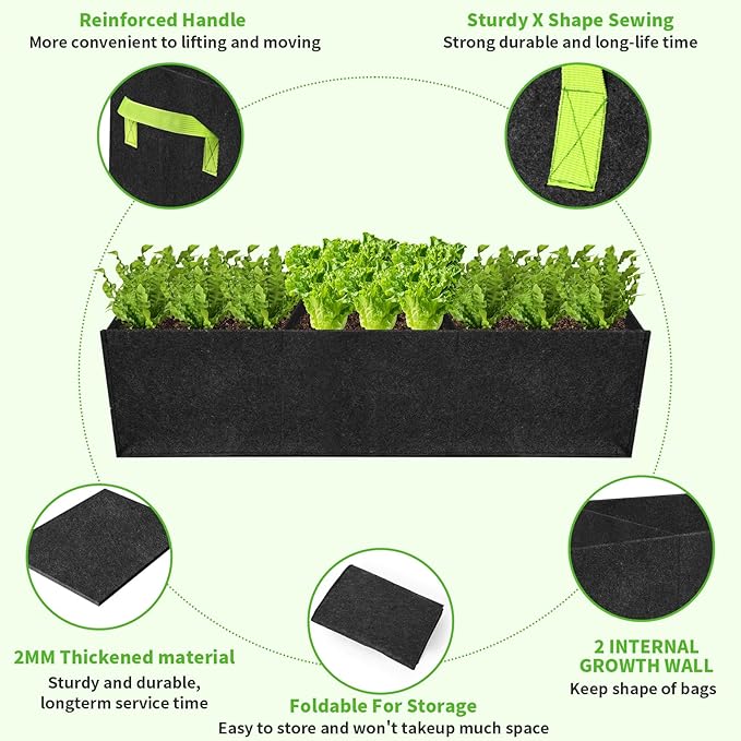 2 Pack Plant Grow Bags,Breathable Fabric Grow Bag with 3 Grids,400GSM Thickened Nowoven Garden Bed,Rectangle Flower Planter Containers for Flower,Vegetable,Fruit,Growing Pot with Handles(90x30x20cm)