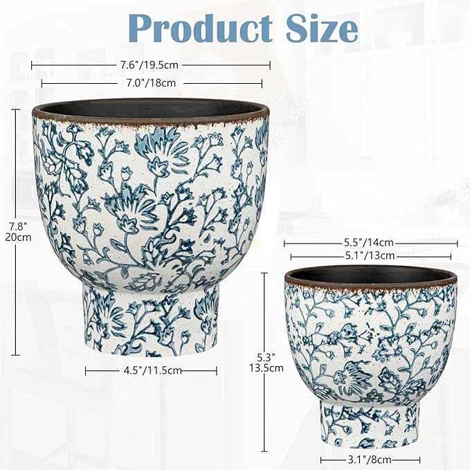 7.6/5.5 Inch Vintage Flower Pot, Blue and White Plant Pot Large Ceramic Planters for Indoor Plants Pots with Drainage Shabby Chic Planter Pots for Succulents Cactus Herb Snake Plants Outdoor Garden