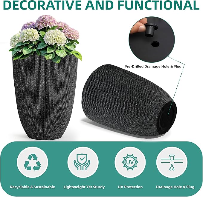 19" Concrete-Style Tall Round Planters for Indoor Outdoor Plants, Set of 2 Decorative Fluted Large Flower Pot, UV-Resistant Top-Tier Resin Planters for Garden Patio Porch Home Office Decor