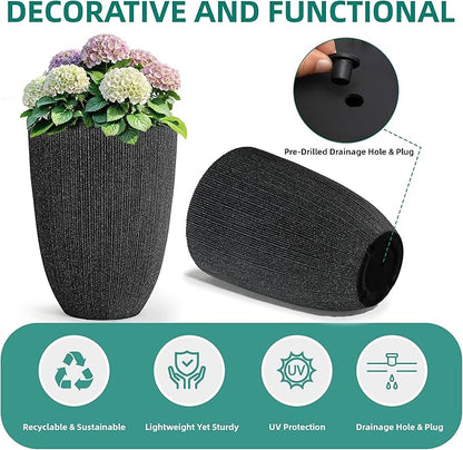 19" Concrete-Style Tall Round Planters for Indoor Outdoor Plants, Set of 2 Decorative Fluted Large Flower Pot, UV-Resistant Top-Tier Resin Planters for Garden Patio Porch Home Office Decor